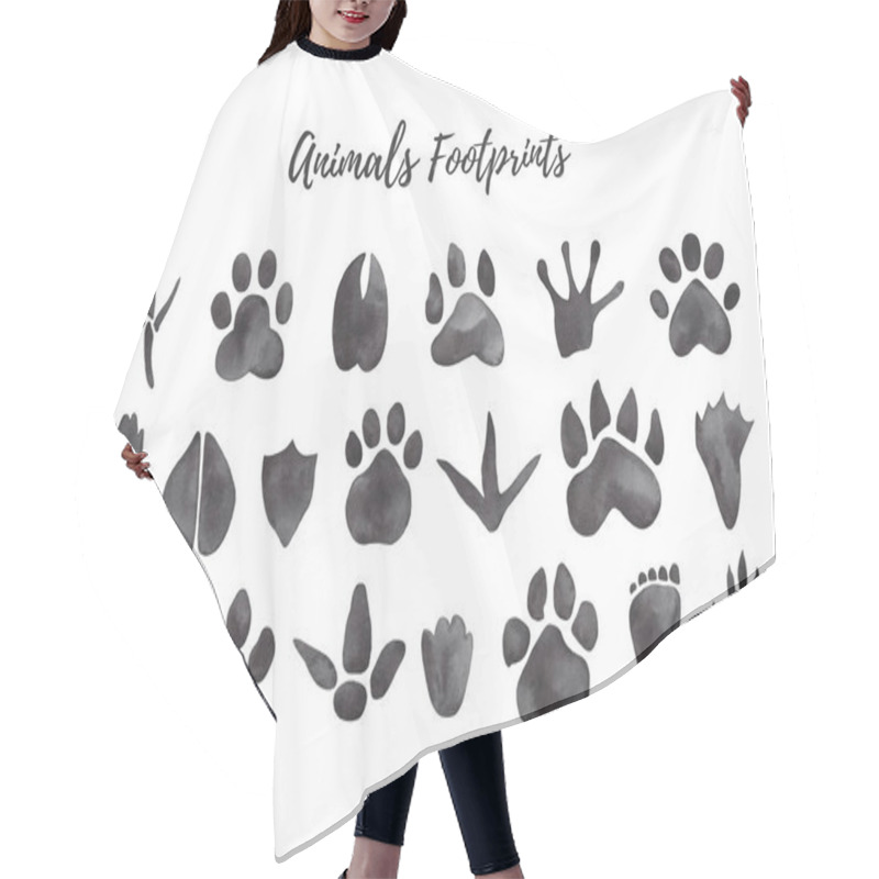 Personality  Watercolor Illustration Of Black Animal And Bird Trails - Bear, Wolf, Chicken, Moose, Duck Paw Prints Hair Cutting Cape