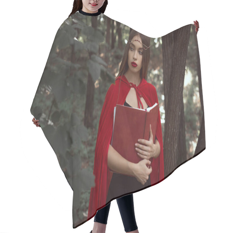 Personality  Attractive Girl In Red Cloak With Magic Book In Dark Woods Hair Cutting Cape