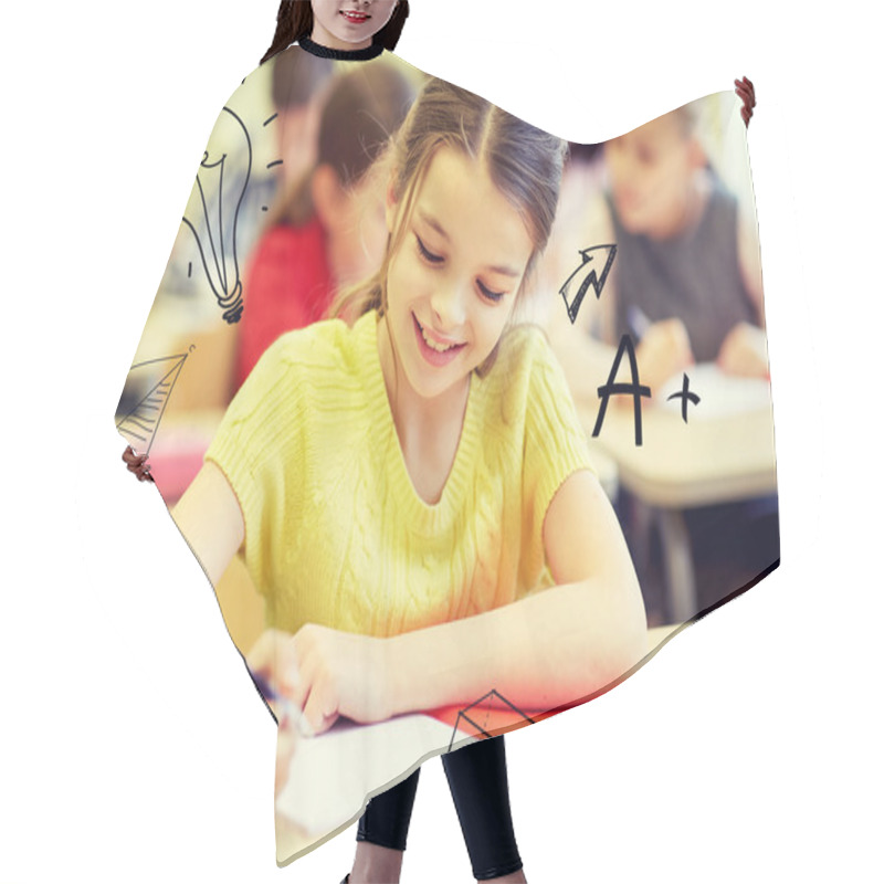 Personality  Group Of School Kids Writing Test In Classroom Hair Cutting Cape