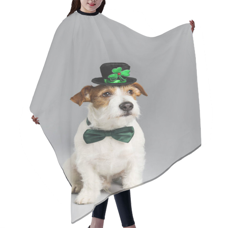 Personality  Jack Russell Terrier With Leprechaun Hat And Bow Tie On Light Grey Background. St. Patrick's Day Hair Cutting Cape