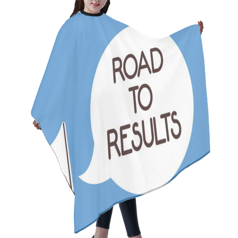 Personality  Writing Note Showing Road To Results. Business Photo Showcasing Business Direction Path Result Achievements Goals Progress Man Hold Megaphone Loudspeaker Speech Bubble Screaming Blue Background Hair Cutting Cape