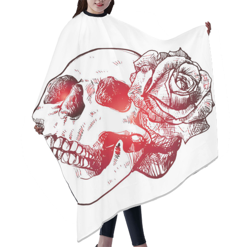 Personality   Skull And Rose. Beautiful Sketch Of Tattoo, Red Gradient. Hair Cutting Cape