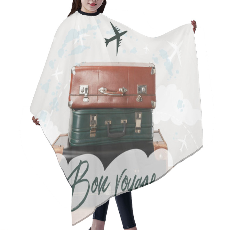 Personality  Stacked Old Leather Travel Bags With Airplanes And Bon Voyage (have A Nice Trip) Inspiration Hair Cutting Cape