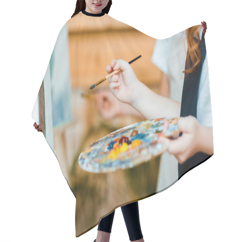 Personality  Cropped View Of Kids With Paintbrushes Near Canvas  Hair Cutting Cape