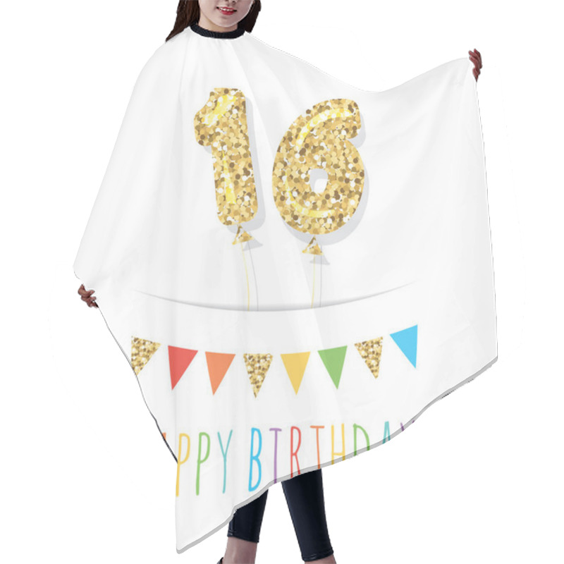 Personality  Sixteen Cute Birthday Card Template. Gold Glitter Balloon Numbers 16. Vector Hair Cutting Cape