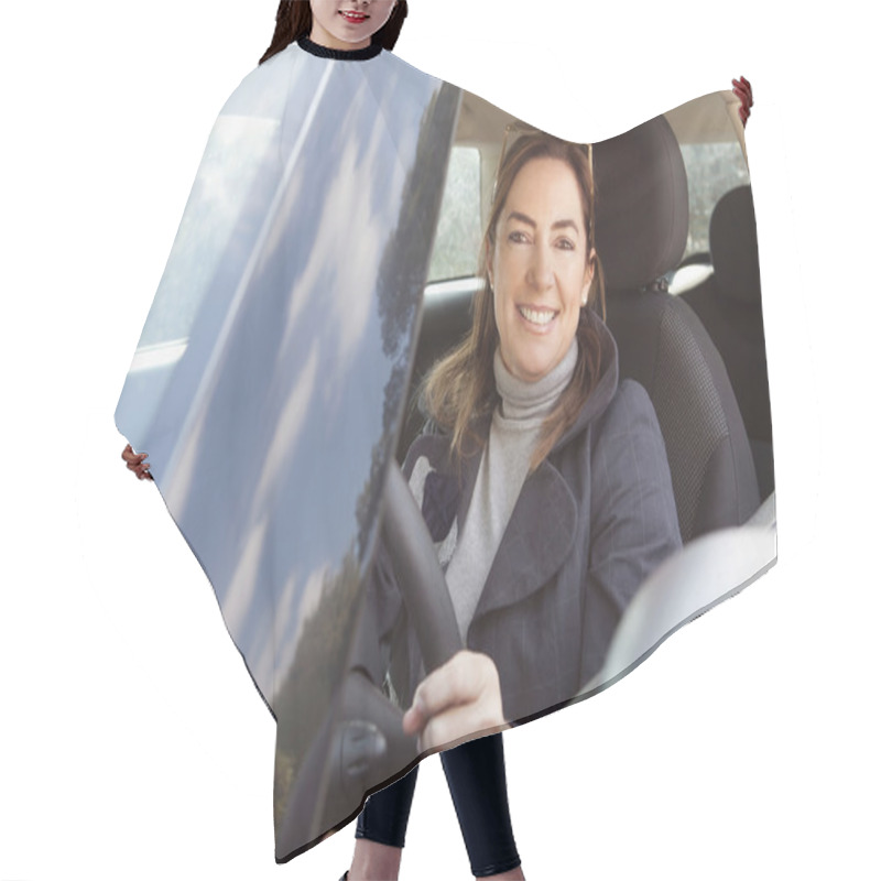 Personality  Woman Sitting In A Car Hair Cutting Cape