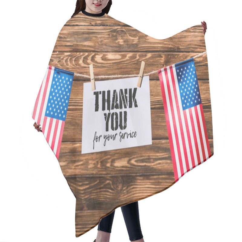 Personality  Card For Veterans Day Hanging On String With Pins And American Flags On Wooden Background Hair Cutting Cape