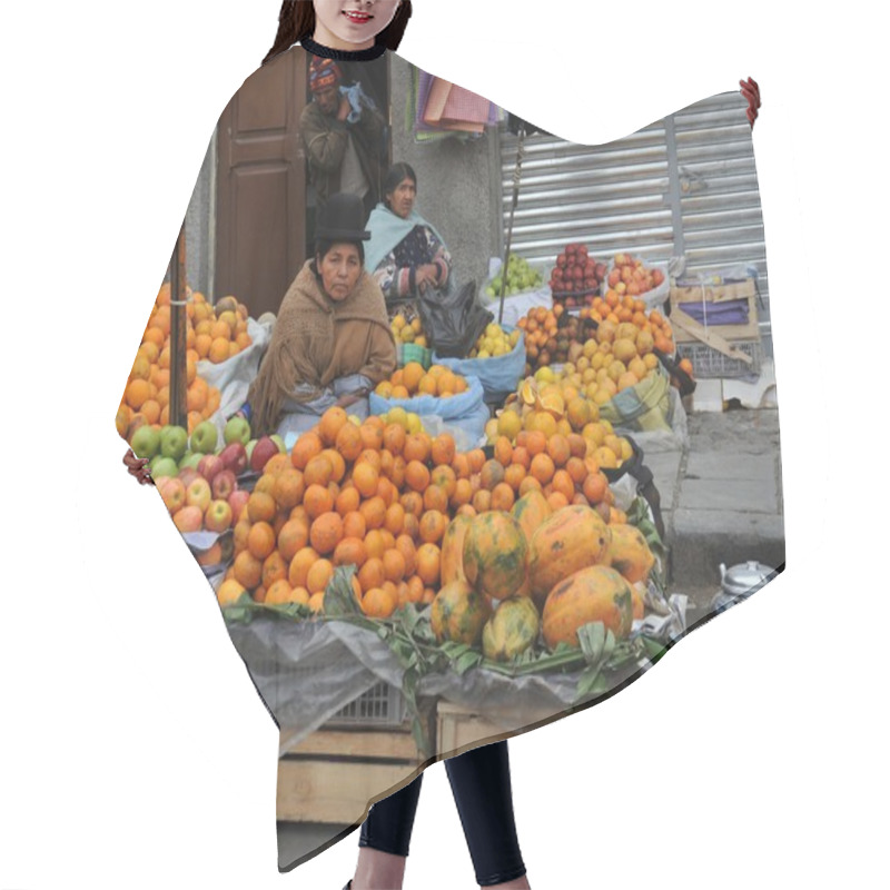 Personality  Women Selling On The Street Of La Paz. Hair Cutting Cape