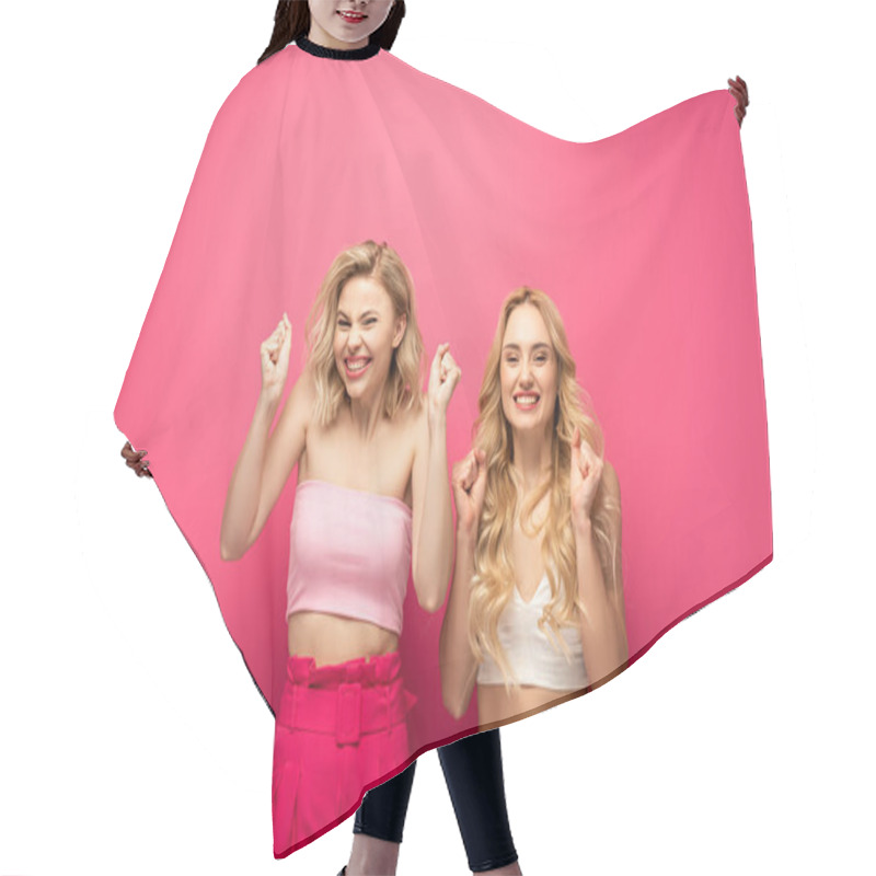 Personality  Happy Blonde Women Showing Yeah Gesture On Pink Background Hair Cutting Cape