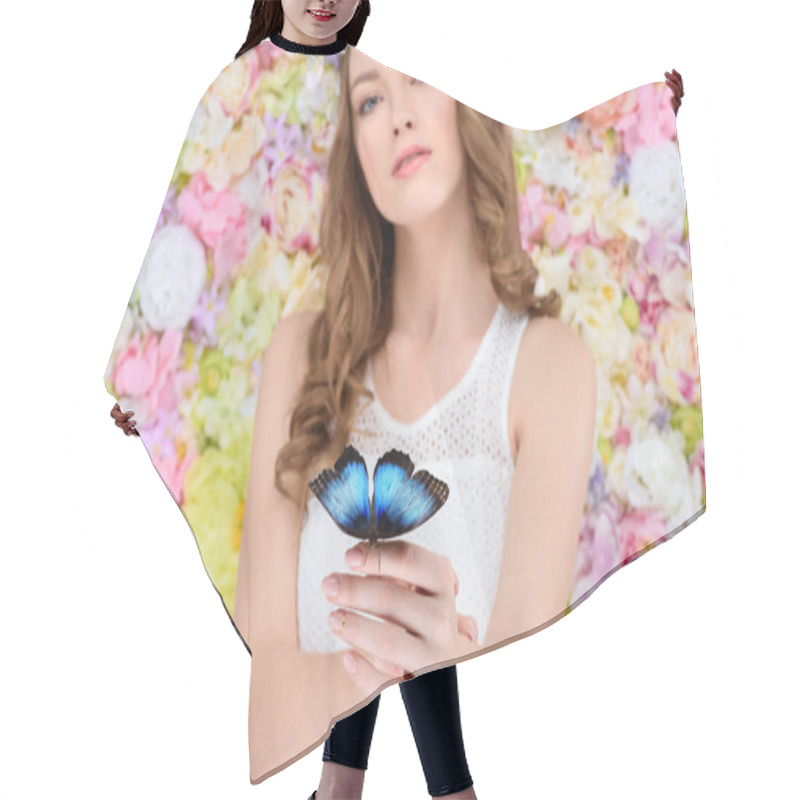 Personality  Attractive Young Woman In Floral Wreath With Butterfly On Hand Hair Cutting Cape