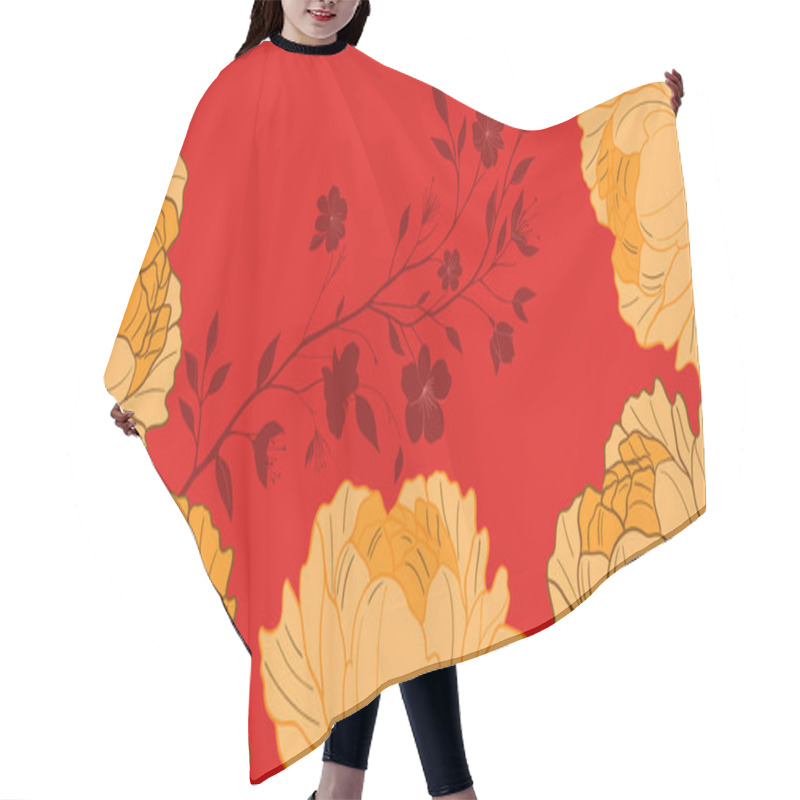 Personality  Floral Design With Large Yellow Peonies On A Red Background. For Elegant, Botanical, And Decorative Projects Hair Cutting Cape