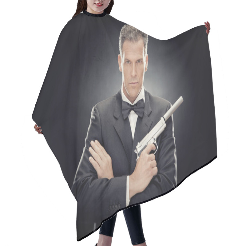 Personality  Elegant Man With Bow Tie And Gun Isolated On Black Hair Cutting Cape