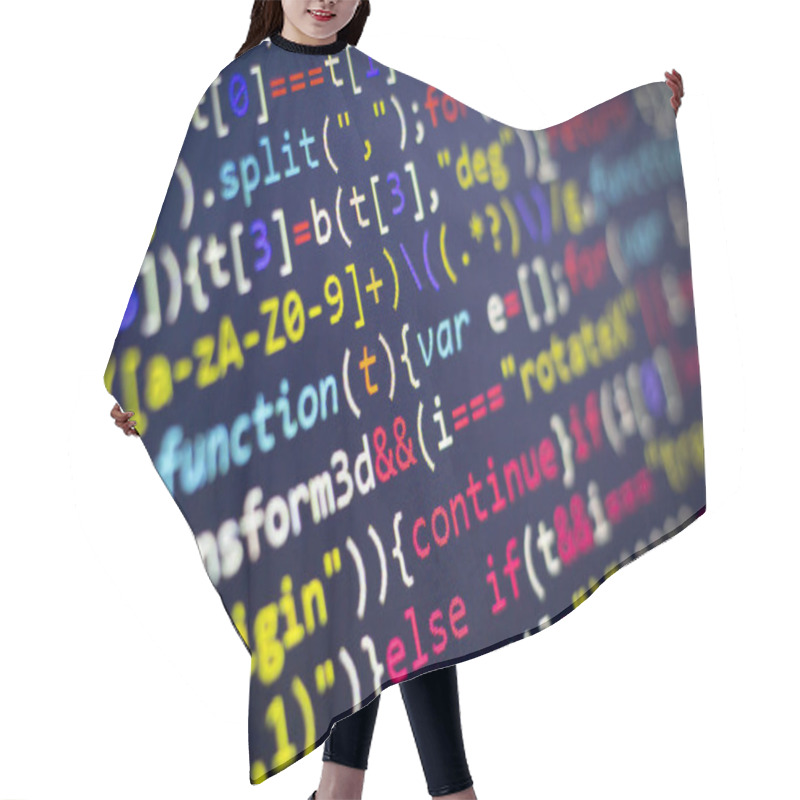 Personality  Minificated Web Development Javascript Code Close Up. Abstract Information Digital Technology Modern Background. HTML5 Concept Macro Backdrop In Cold Colors. Screen Of Web Developer. Hair Cutting Cape