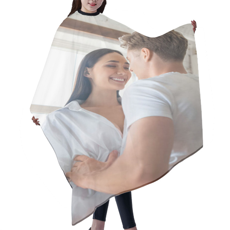 Personality  Caucasan Boyfriend Hugging Smiling Asian Woman With Cup Of Coffee At Home Hair Cutting Cape