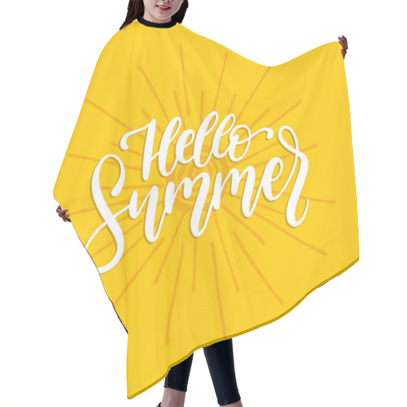 Personality  Hand Lettering Hello Summer. Vector Inspirational Phrase On Yellow Background. Hair Cutting Cape