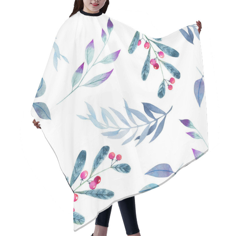 Personality  Watercolor Winter Christmas Blue Branches And Red Berries Seamless Pattern, Hand Drawn On A White Background Hair Cutting Cape