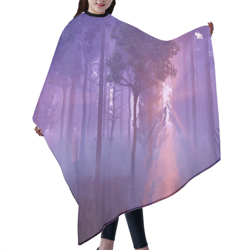 Personality  Scenic Sunset In Misty Dark Pine Forest Hair Cutting Cape