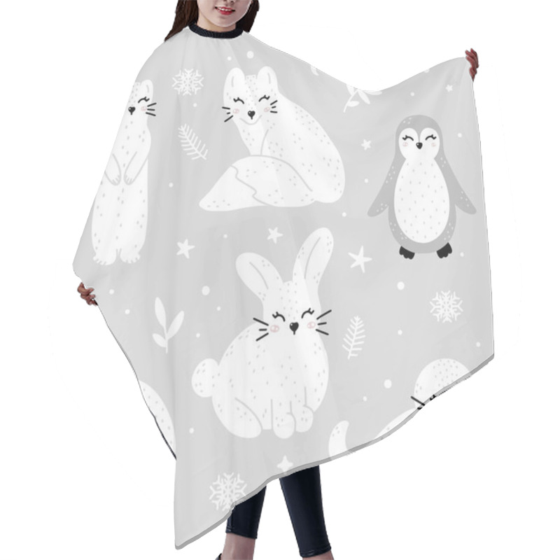 Personality  Cute Collection Of Winter Animals: Ermine, Fox, Penguin, Owl, Rabbit And Seal With Abstract Dots, Stars And Winter Elements. Monochrome Hand Drawn Scandinavian Style Vector Illustration. Hair Cutting Cape