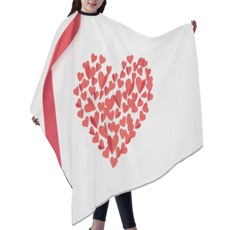 Personality  Heart Shaped Arrangement Of Small Paper Cut Hearts With Wavy Red Ribbon On White Background Hair Cutting Cape