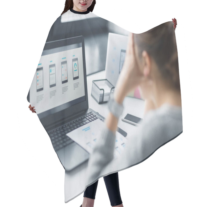 Personality  Stressed Designer With User Interface On Laptop Hair Cutting Cape