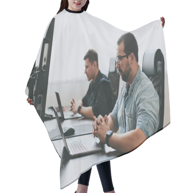 Personality  Portrait Of Two Professional Male Programmers Working On Computer In Diverse Offices. Modern IT Technologies, Development Of Artificial Intelligence, Programs, Applications And Video Games Concept Hair Cutting Cape