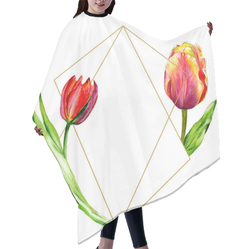 Personality  Amazing Red Tulip Flowers With Green Leaves. Hand Drawn Botanical Flowers. Watercolor Background Illustration. Frame Border Ornament Crystal. Geometric Quartz Polygon Crystal Stone. Hair Cutting Cape