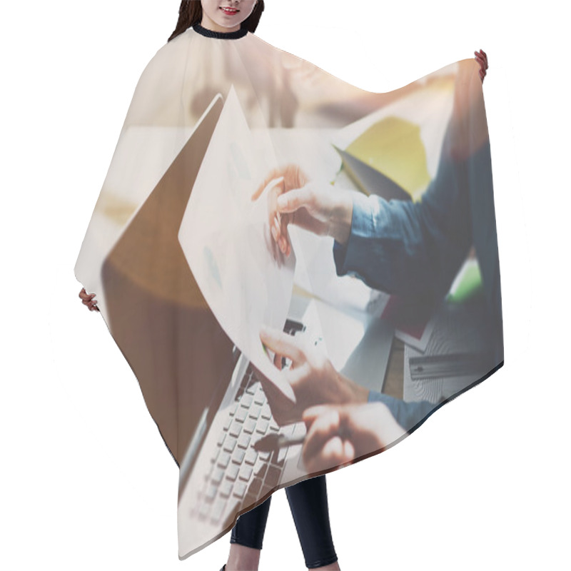 Personality  Team Brainstorming Process. Photo Young Business Crew Working With New Startup Project.Notebook On Wood Table. Idea Presentation, Analyze Marketing Plans. Blurred Background, Film Effect. Hair Cutting Cape