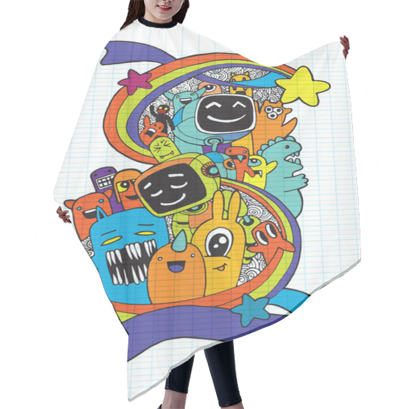 Personality  Hand Drawn Aliens , Monsters And Robot Cartoon Doodle Hair Cutting Cape