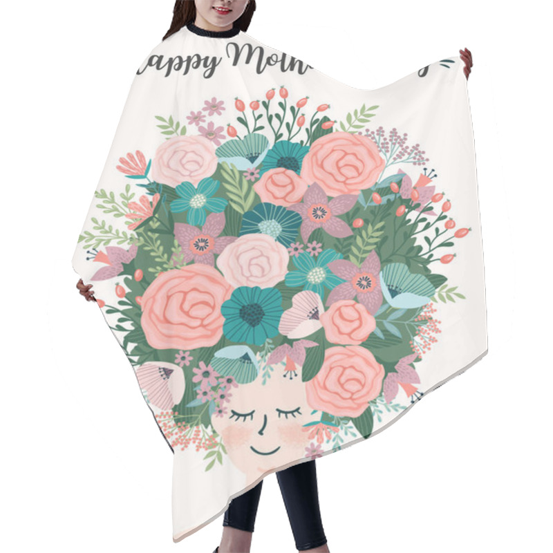 Personality  Happy Mothers Day. Vector Illustration With Woman And Flowers. Hair Cutting Cape