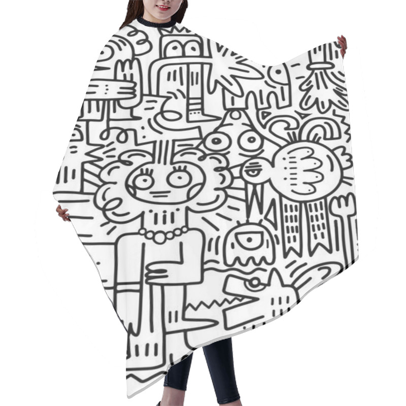 Personality  Happy Of Family Cartoon Character , Doodle Hand Drawing Style Hair Cutting Cape