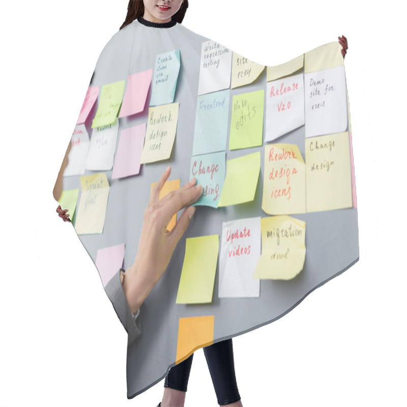 Personality  African American Businesswoman On Blurred Foreground Applying Sticky Note  Hair Cutting Cape