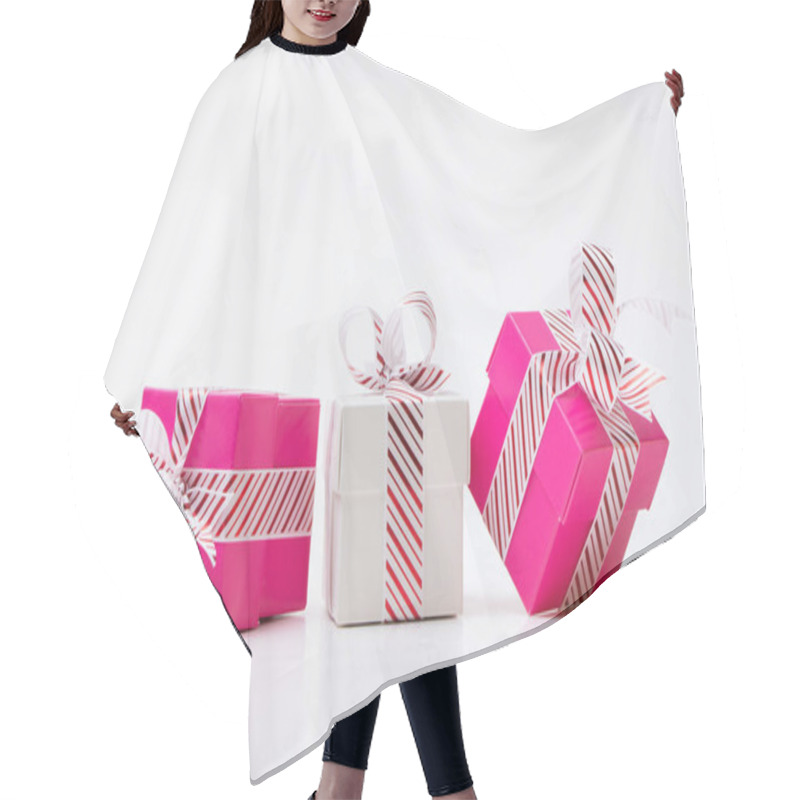 Personality  Pink And White Gift Boxes Tied With White Red Stripe Ribbon Hair Cutting Cape