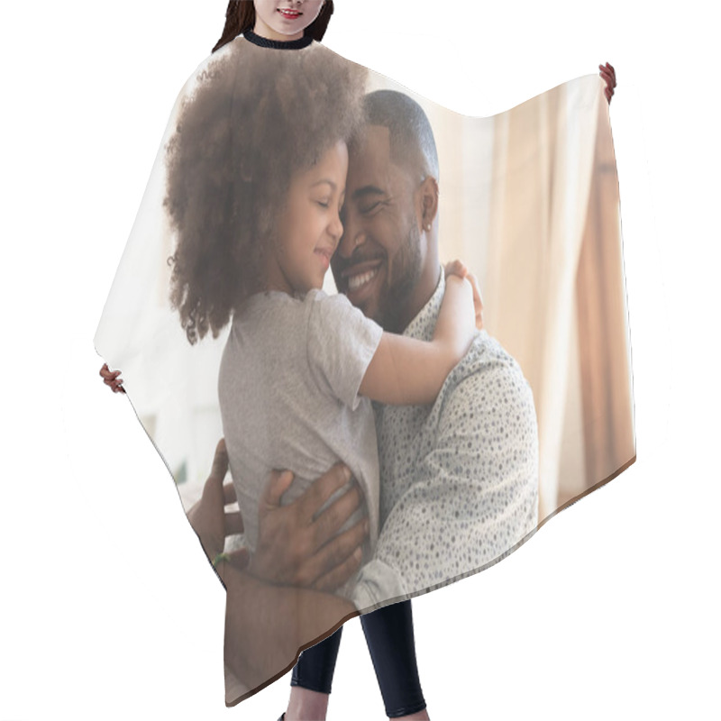 Personality  Happy African Father Holding Embracing Cute Little Child Daughter Hair Cutting Cape