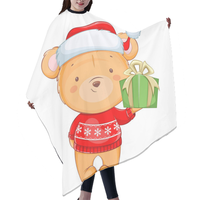 Personality  Merry Christmas. Funny Little Bear. Cute Cartoon Character Bear In Santa Hat Holding Gift Box. Stock Vector Illustration On White Background Hair Cutting Cape