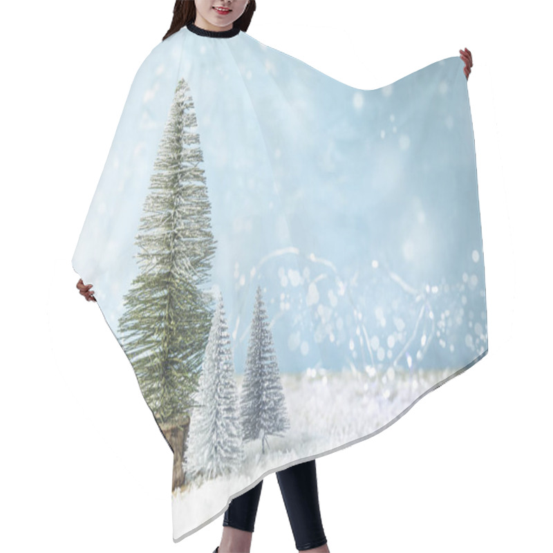 Personality  Christmas Or Winter Composition. Little Souvenir Christmas Trees On Soft Snow On Blue Background. Christmas, Winter, New Year Concept. Hair Cutting Cape