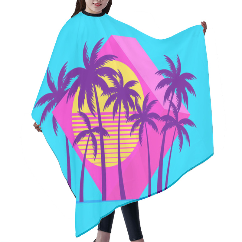 Personality  3d Cube With Palm Trees At Sunset In The Style Of The 80s. Futuristic Advertising Banner With Palm Trees In Virtual Reality, Metaverse. Synthwave And Retrowave Style. Vector Illustration Hair Cutting Cape