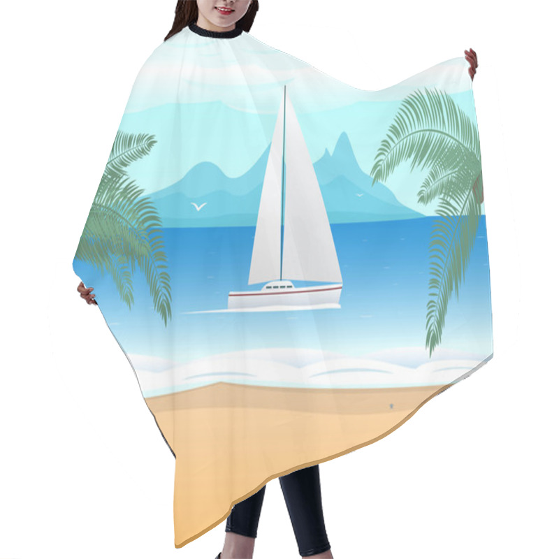 Personality  Vector Beach Palm Tree Boat With Sails On Ocean Hair Cutting Cape