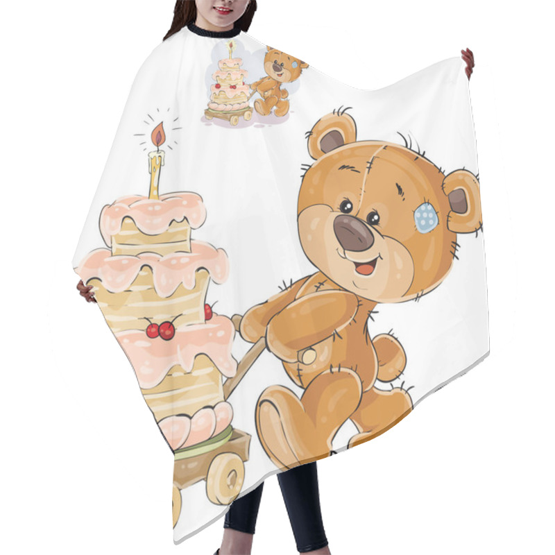 Personality  Vector Illustration Of A Brown Teddy Bear Rolling A Cart With A Birthday Cake Hair Cutting Cape