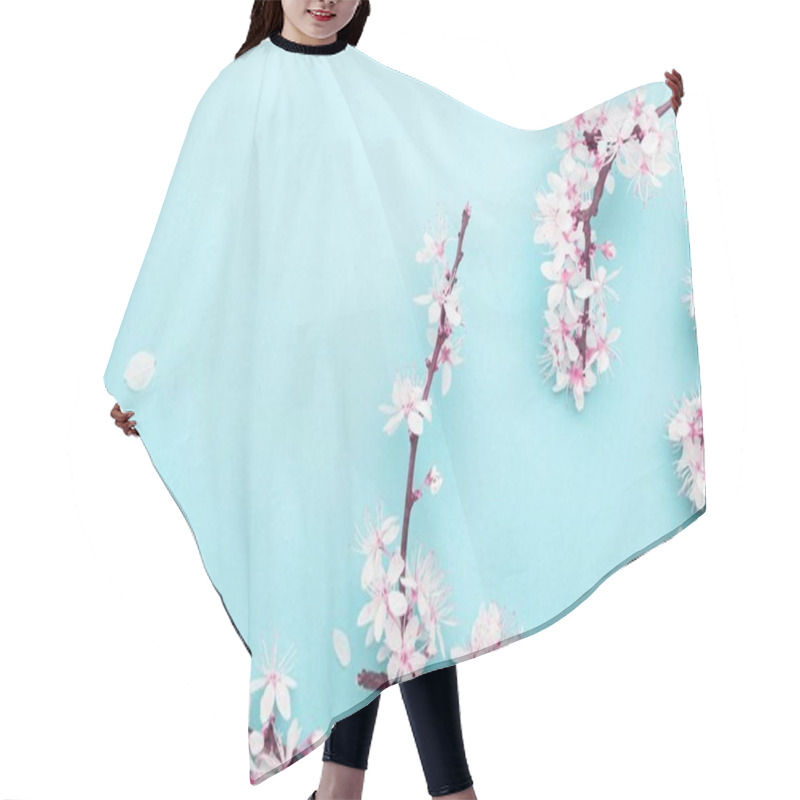 Personality  April Floral Nature. Spring Blossom And May Flowers On Blue. For Banner, Branches Of Blossoming Cherry Against Background. Dreamy Romantic Image, Landscape Panorama, Copy Space. Hair Cutting Cape