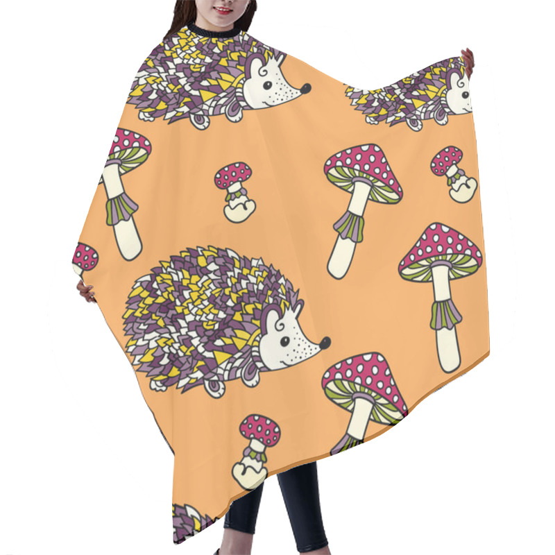 Personality  Seamless Pattern With Hedgehogs And Mushrooms. Hair Cutting Cape