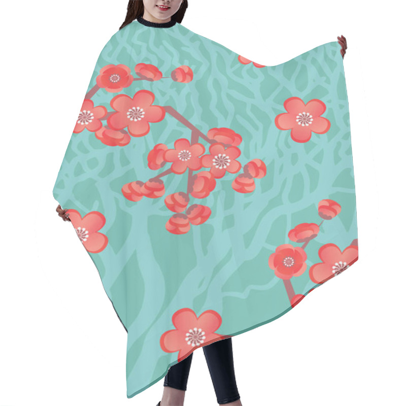 Personality  Sakura Blooming Tree Blue And Red Background Flowers Illustration Hair Cutting Cape