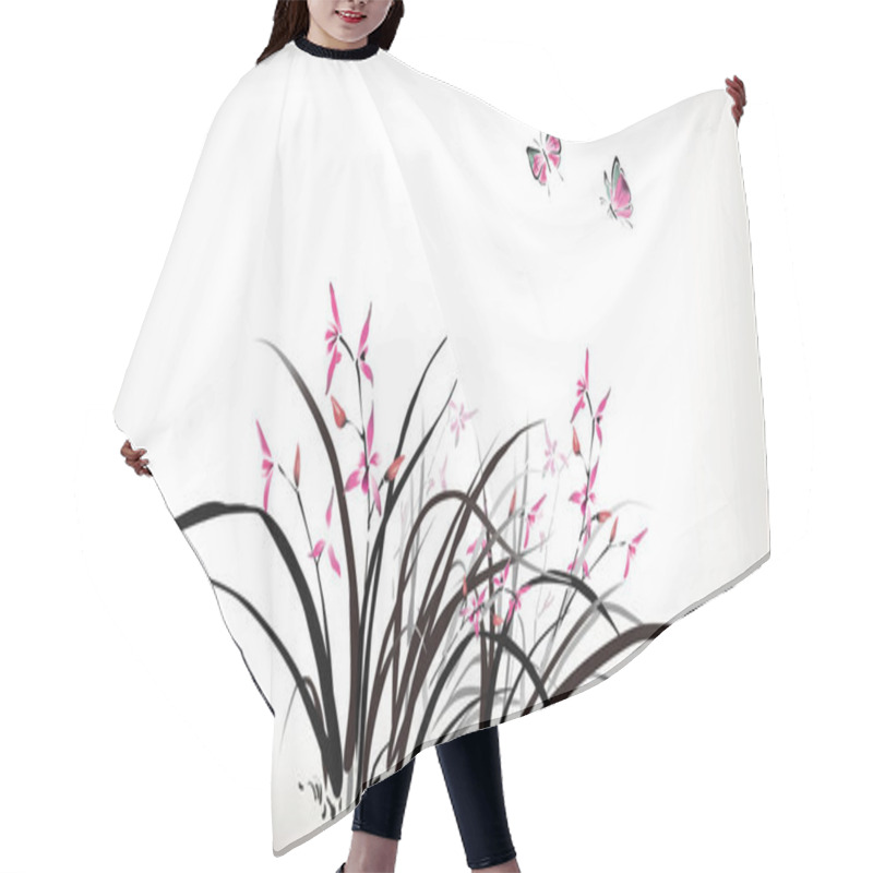 Personality  Chinese Painting Of Orchid And Butterfly In Ink Style Hair Cutting Cape