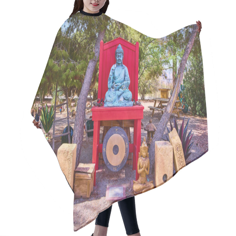 Personality  Serene Meditation Garden At Mount Charleston, Nevada, Featuring A Peaceful Buddha Statue On A Red Platform, Surrounded By Lush Greenery And A Large Gong, Perfect For Spiritual Retreats Or Quiet Hair Cutting Cape