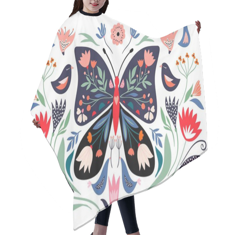 Personality  Spring Time Composition With Floral Butterfly And Seasonal Elements, Flowers And Birds; Decorative Poster/ Banner Hair Cutting Cape