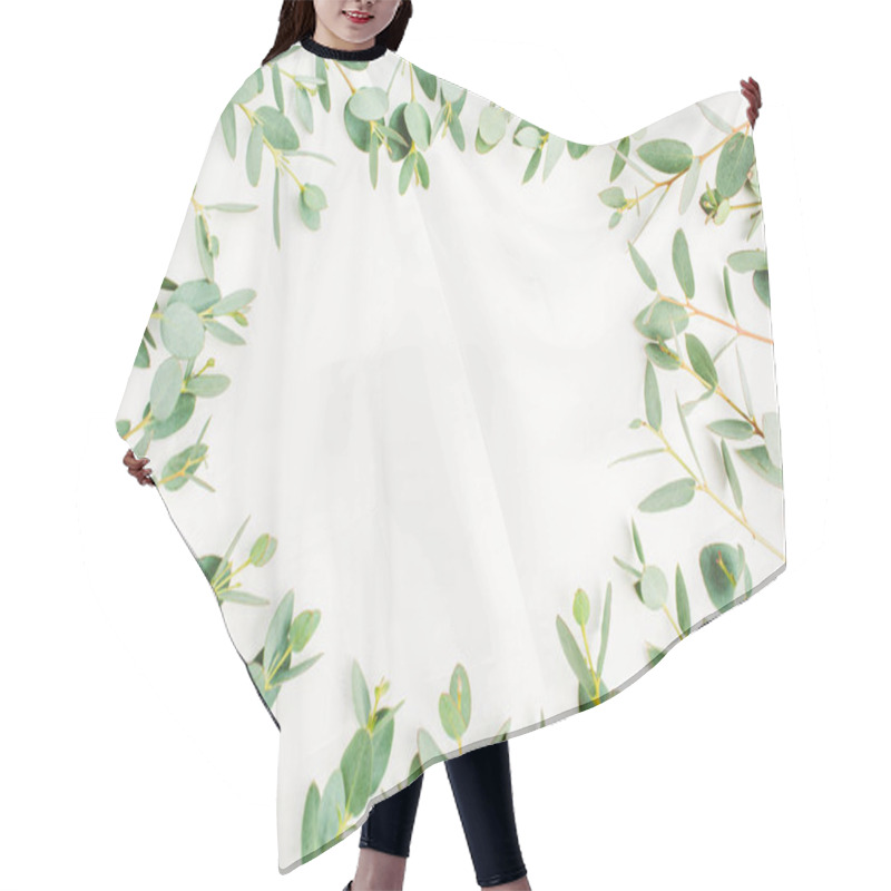 Personality  Frame Of Eucalyptus Branches Pattern With Space For Text On White Background. Flat Lay, Top View Hero Header Concept. Hair Cutting Cape