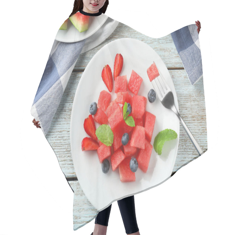 Personality  Plate With Sweet Watermelon Slices And Blueberries On Wooden Table Hair Cutting Cape