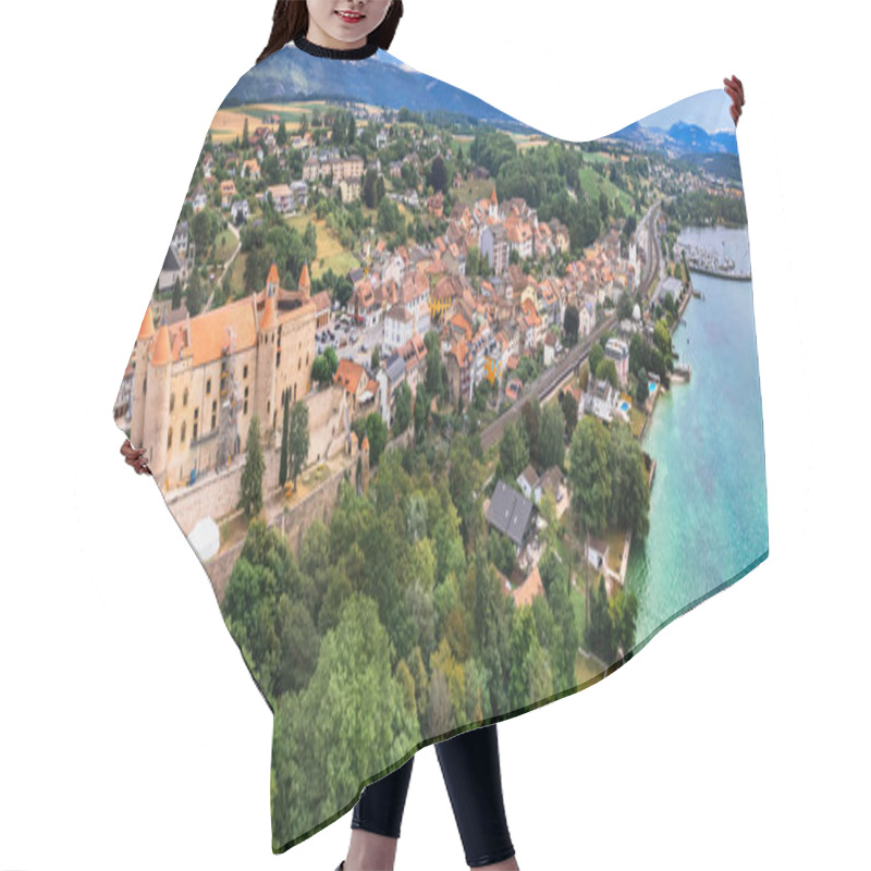 Personality  Switzerland Travel And Landmarks. Lake Neuchatel, Aerial Drone View Of Grandson Historic Town And Medieval Castle. Canton Vaud Hair Cutting Cape