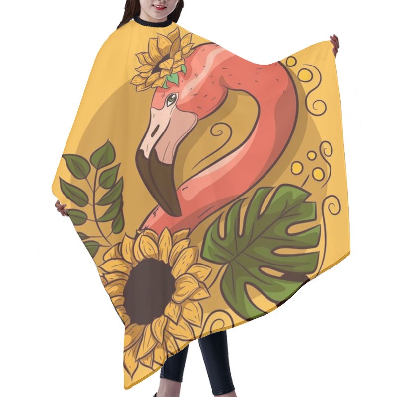 Personality  Floral Vectorial Drawing With A Flamingo Neck With Flowers. Exotic Bird With Palm Monstera Leaves And Yellow Sunflowers. Hair Cutting Cape