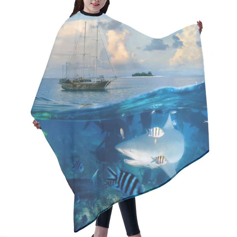 Personality  Ocean Seascape With Wooden Yacht And Big Bull Shark Hair Cutting Cape