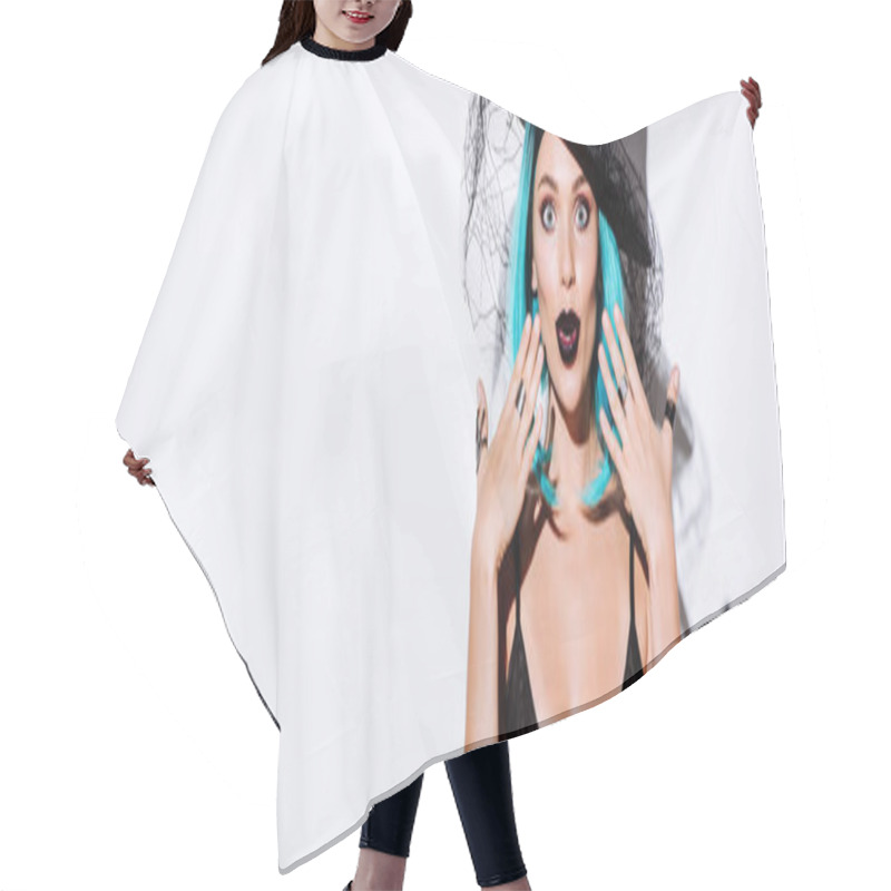 Personality  Panoramic Shot Of Shocked Girl In Black Witch Halloween Costume With Blue Hair On White Background Hair Cutting Cape